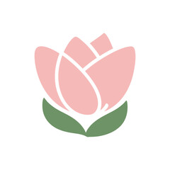 Stylized pink tulip flower with green leaves on white background