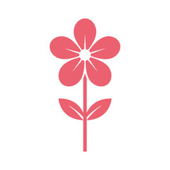 Simple pink flower with stem and leaves isolated on white background