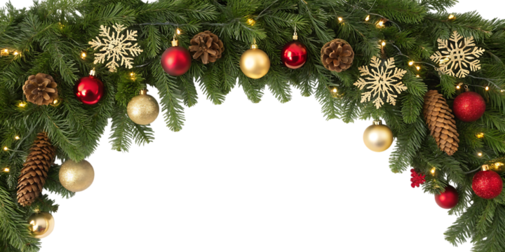 Festive christmas garland with red and gold ornaments pinecones and sparkling snowflake decorations framing a dark empty space perfect for text overlay