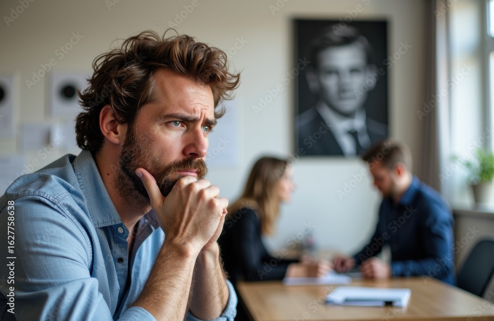 Poster a man with a thoughtful expression sitting in a meeting room with colleagues in the background