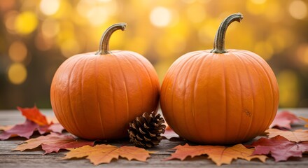Two bright orange pumpkins sit on a rustic wooden surface surrounded by colorful fallen autumn leaves, with a pinecone nestled between them, and a soft bokeh background of warm autumn colors