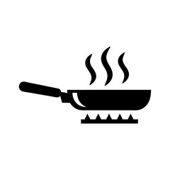 Black silhouette of a frying pan with steam rising from food on a gas stove