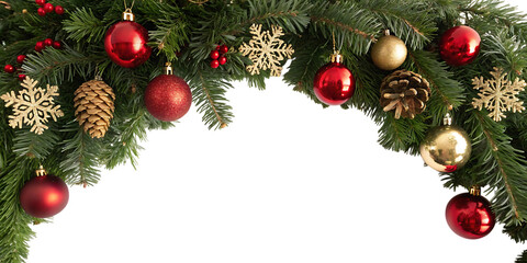 Festive christmas garland with red and gold baubles and golden snowflake ornaments hanging on a dark background creating a celebratory holiday atmosphere