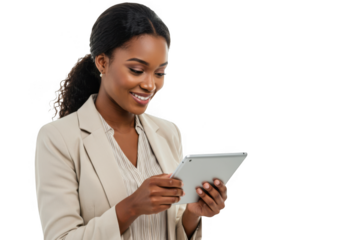 Smiling woman in blazer using tablet isolated on transparent background