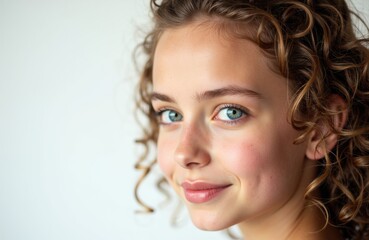 Obraz premium Woman with curly hair and blue eyes smiling softly in a close-up portrait
