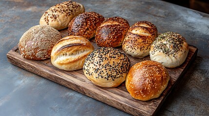 A wooden board filled with a delicious variety of soft and crusty bread rolls, perfect for sharing.


