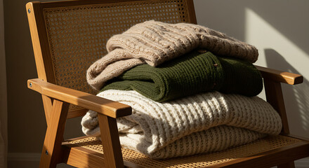 Chunky knit sweaters and cardigans layered casually over a wooden or rattan chair. Neutral color palette with hints of olive, beige, and cream. Shot in soft daylight with cozy mood.

