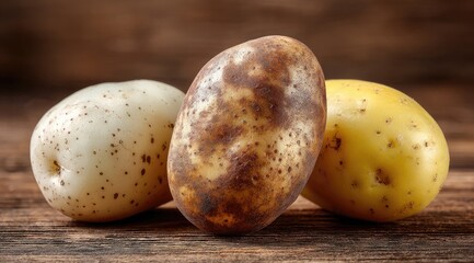 Three potatoes, varying shades of white, tan, and yellow, sit close together on a rustic wooden surface