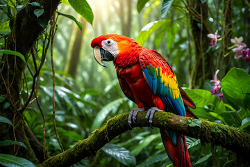 Obraz premium Scarlet Macaw Perched on a Mossy Branch in a Lush Rainforest