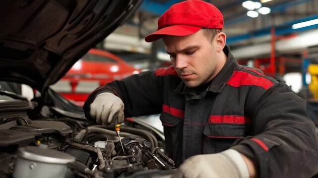 Skilled service station master performs engine repair work