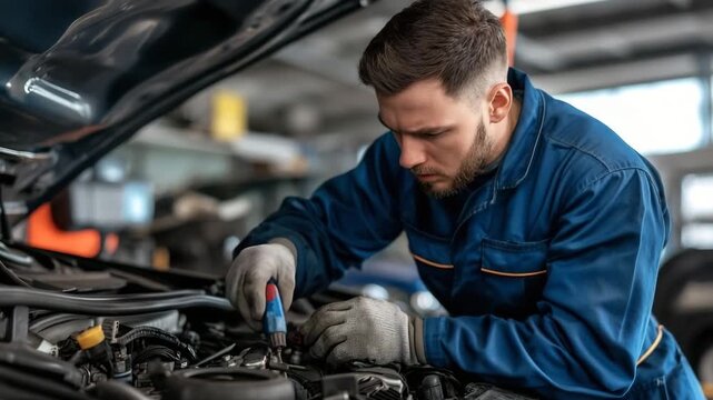 Service station master repairs vehicle engine components