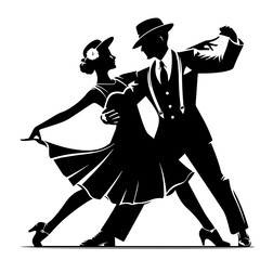 Black and white vector silhouette of a 1940s couple dancing on white background