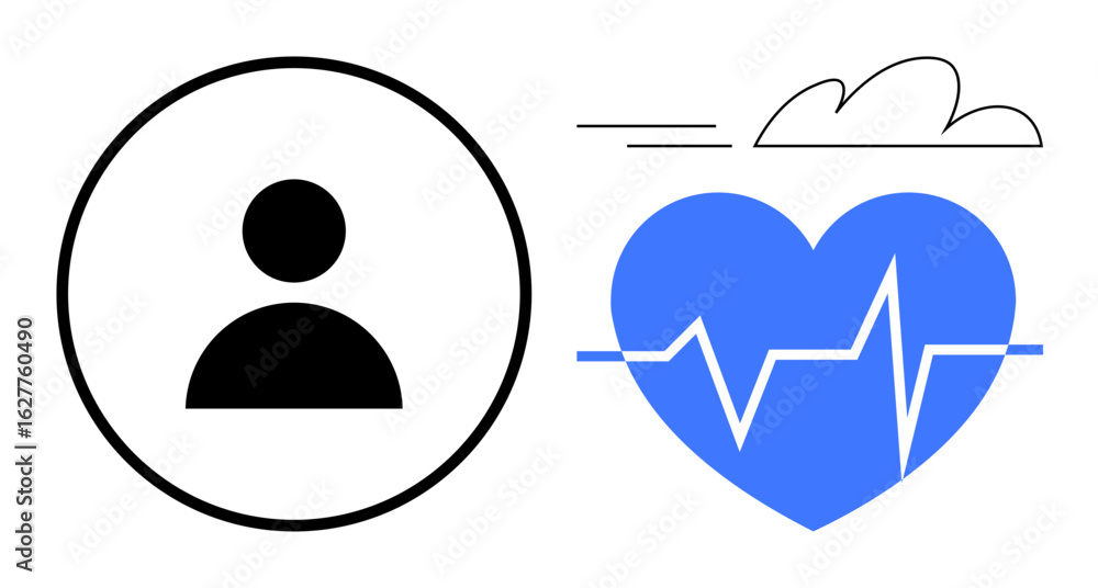 Aufkleber user profile in a circle next to a heart with an electrocardiogram line and minimalist cloud shapes.