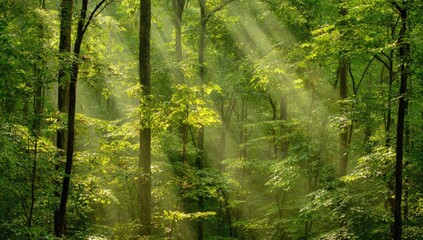 Obraz premium Sunlight streams through a dense forest canopy