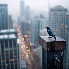 Raven Observing Urban Landscape Amid Foggy City Background