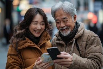 Portrait of a happy senior couple using a map and smartphone outdoors in a town street, symbolizing the joy of travel and exploration in later life, Generative AI