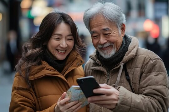 Portrait of a happy senior couple using a map and smartphone outdoors in a town street, symbolizing the joy of travel and exploration in later life, Generative AI