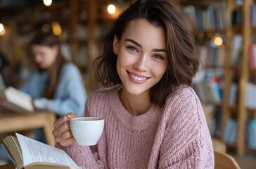 A beautiful woman with dark hair is sitting in the coffee shop, smiling and holding an open book while drinking tea from a white cup