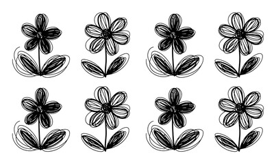 Black ink sketched flowers with leaves bloom petal