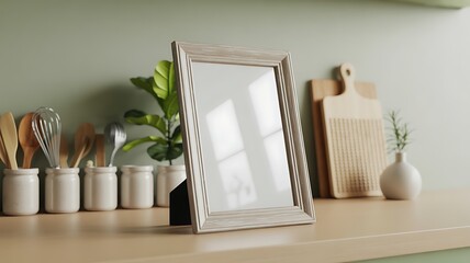 Blank picture frame on a kitchen counter with utensils and plants empty mockup