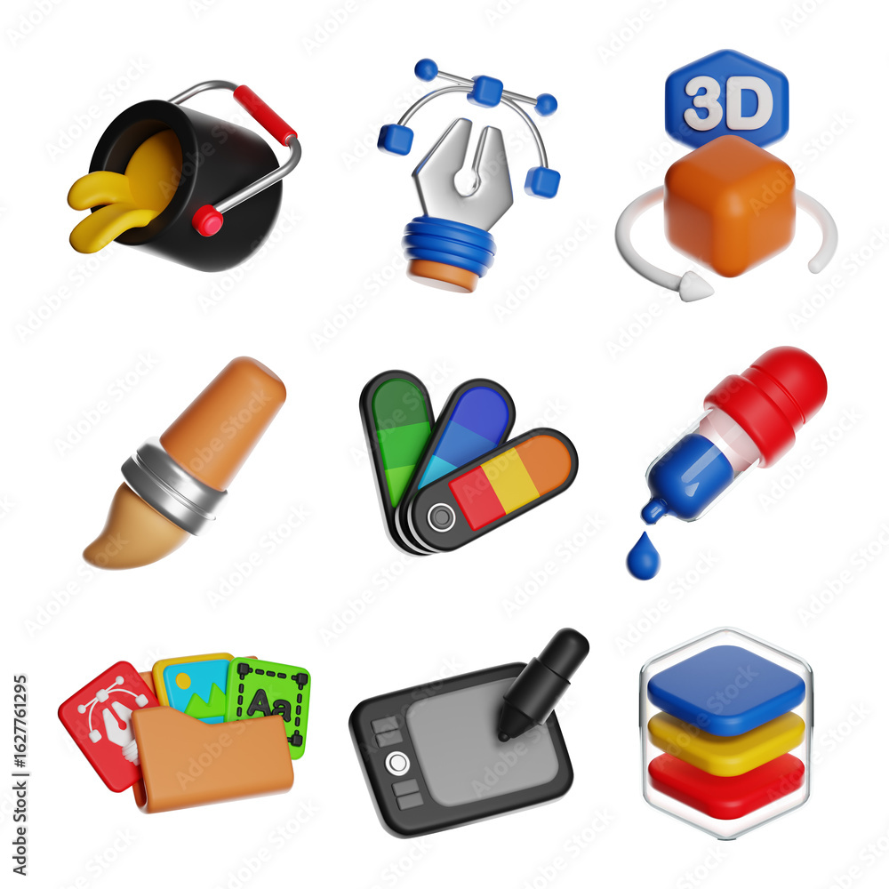 Poster 3d icons representing graphic design tools and software