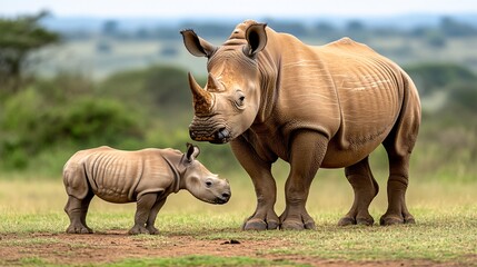 Fototapeta premium Lone Rhino Stands in Savanna Environment Amidst Poaching Threats