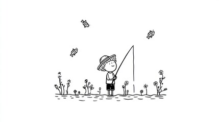 Child fishing in simple landscape
