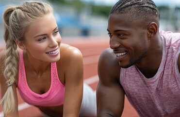 A blond woman in pink athletic wear is stretching on the track, smiling at her boyfriend who is wearing blue and gray as he stands next to her with his hands behind his head