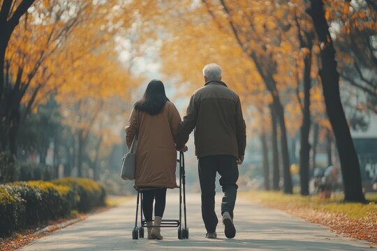Senior man using a walking frame and walking with his adult daughter in a park, symbolizing family care and the importance of outdoor activity for seniors, Generative AI - Powered by Adobe