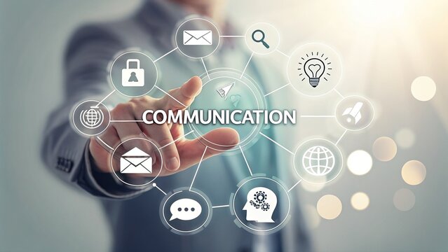 Businessman Pointing at “Communication” Surrounded by Digital Icons Representing Modern Connectivity and Interaction