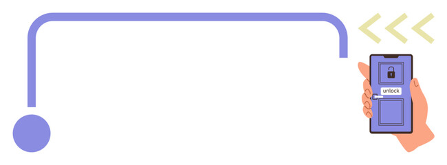 Hand holding smartphone with unlock button near locked door symbol, connected by wireless signal. Ideal for security, technology, innovation, smart device, access control, convenience, flat