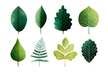Hand-Drawn Minimal Green Leaf Icons with Organic Shapes and Soft Texture, Isolated on Transparent Background