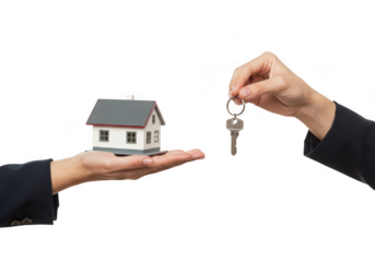 Handing over miniature house and key isolated on transparent background