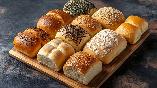 A wooden board filled with a delicious variety of soft and crusty bread rolls, perfect for sharing.

