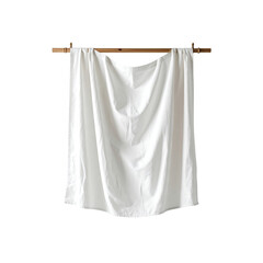 Clean white textile cloth hanging from wooden rod on transparent background