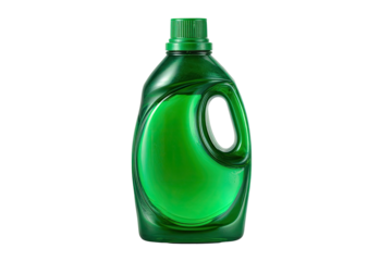 A glossy, emerald green plastic bottle with a carry handle.  The bottle has a rounded shape, with a cap on top