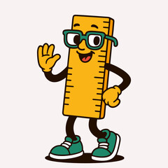  Cute Cartoon Ruler Character with Glasses Waving Hello. Vector illustration.