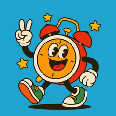 Smiling Alarm Clock Cartoon Character Making Peace Sign. Vector illustration.