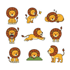 flat illustration icon set with transparent background of cute cartoon lion characters in various poses: standing, sitting, roaring, yawning, sleeping, and walking. Ideal for children's designs