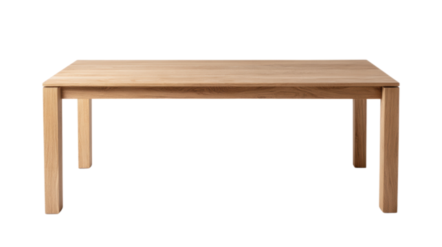 A simple wooden table with a smooth surface and sturdy legs, designed for dining or work purposes.