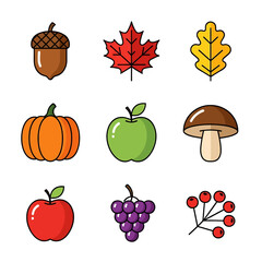 flat illustration icon set with transparent background of autumn harvest elements. Ideal for fall themes