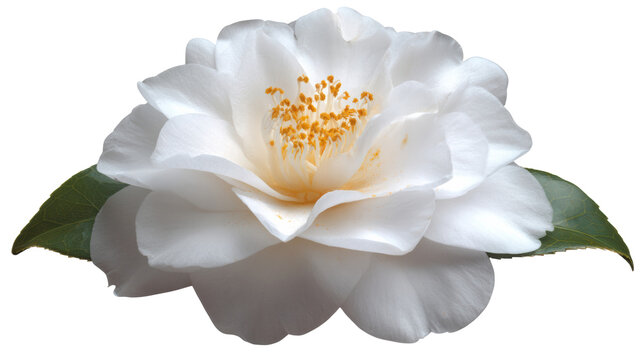 A beautiful white camellia flower with delicate petals and prominent golden stamens, showcasing its elegant structure.