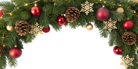 Festive evergreen garland adorned with shiny red baubles golden snowflakes and natural pinecones creating a welcoming arched doorway for christmas celebrations