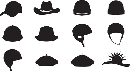 Twelve black silhouette headwear icons including baseball caps cowboy hats beanies helmets berets and sun hat