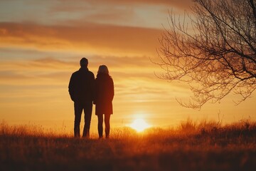 Senior couple outdoors in spring nature at sunset, symbolizing the peacefulness and beauty of later life and the joy of spending time together, Generative AI