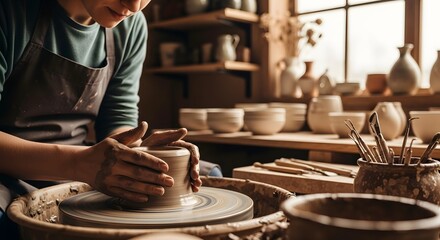 Skilled Artisan Hands Shaping Clay Pottery on Wheel