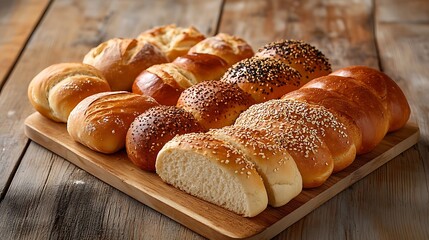 A wooden board filled with a delicious variety of soft and crusty bread rolls, perfect for sharing.

