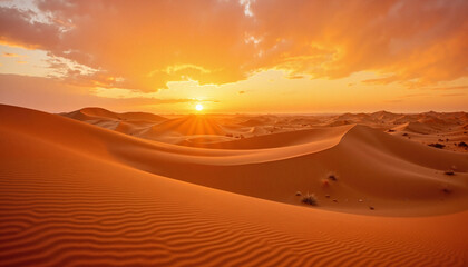 Vibrant desert landscape showcasing sand dunes and a vivid sunset with orange hues and dramatic cloudscape, presenting the tranquil beauty of the arid environment.