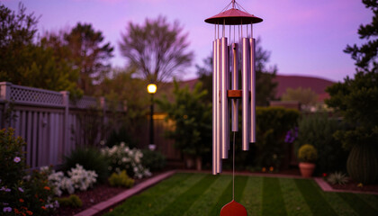 Close up on wind chimes in a backyard at twilight, creating a peaceful atmosphere, offering a serene outdoor experience for mindfulness and relaxation, with copy space.