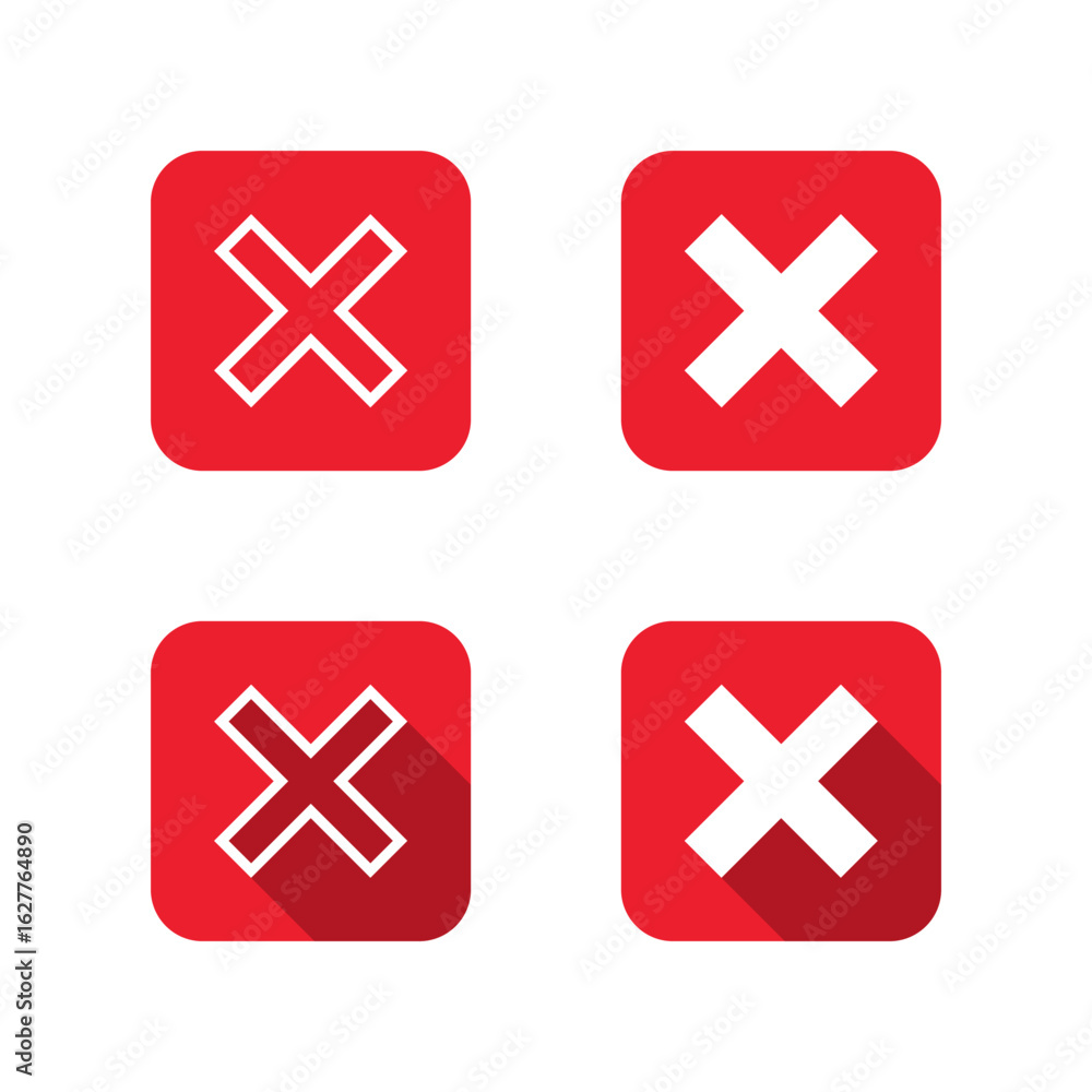 Poster cross icon with long shadow. cancel or close button symbol. error mark, x sign in red square